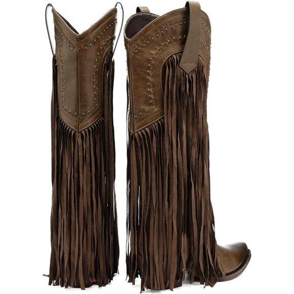 Women's Fashion Pointed Toe Chunky Pull On Knee High Heel Embroidered Brown Boot - Picture 3 of 8